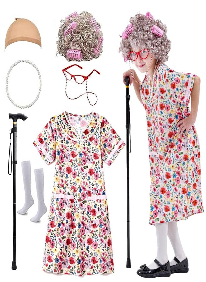 VersaCharm Kids 100 Days of School Costume for Girls, Old Lady Costume wig dress and Granny Grandma Set for Child - Image 1